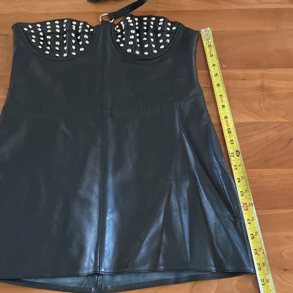 Studded Strapless Black Leather Mini Dress - Picture 11 of 16
